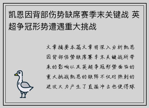 凯恩因背部伤势缺席赛季末关键战 英超争冠形势遭遇重大挑战